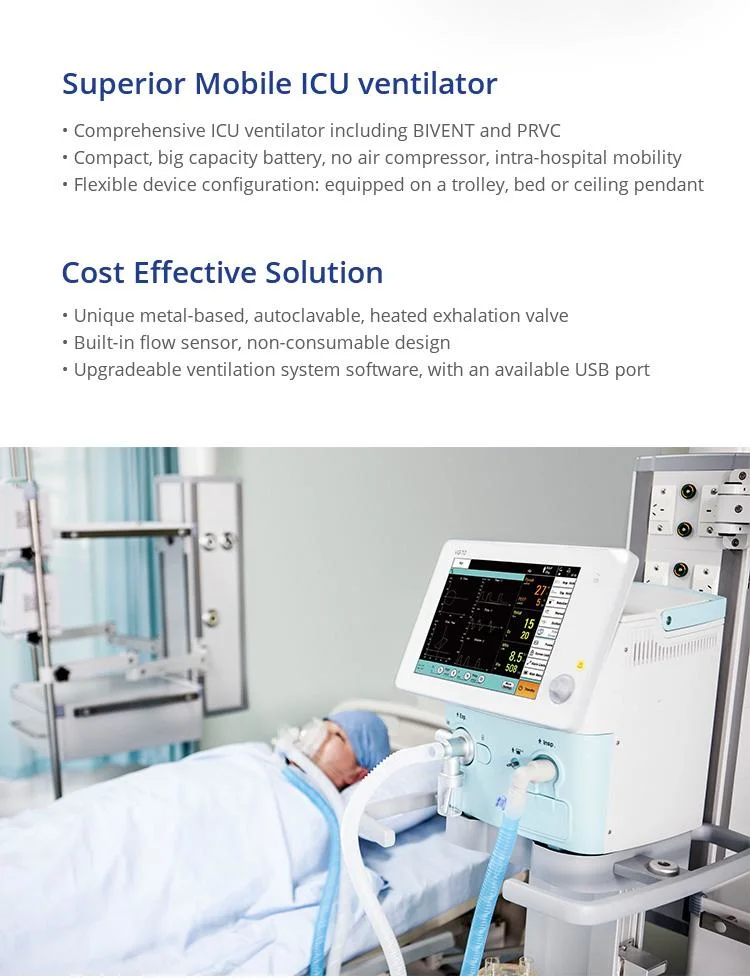 CE Certificate Pneumatic Driven Electronic Control Ventilator Hospital ICU Medical Equipment Ventilator Vg70 for Infant and Adult